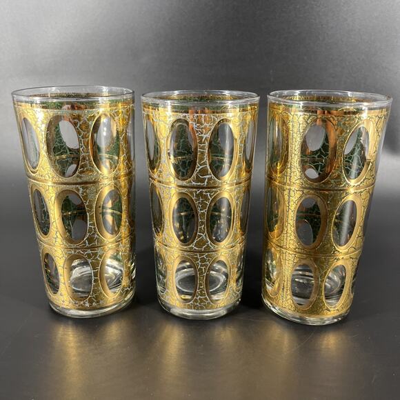 VTG MCM Gold & Green Crackle Glass Piza High Ball Glasses Signed Culver Set of 3 - Picture 1 of 15